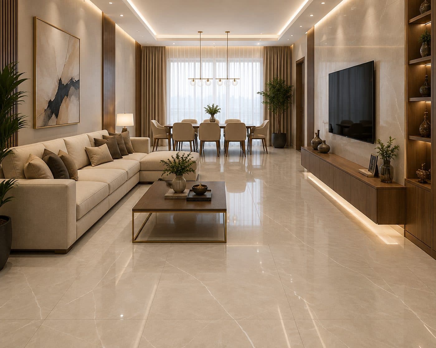 Exemplo de ambiente com piso no tom de Piso 75x75 Lumina Bege Karina